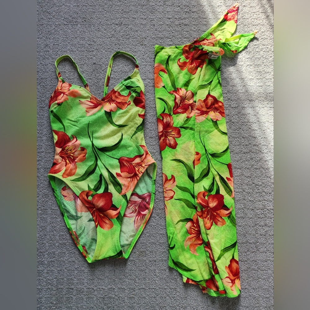 La Blanca Green and Red Floral One Piece Swimsuit